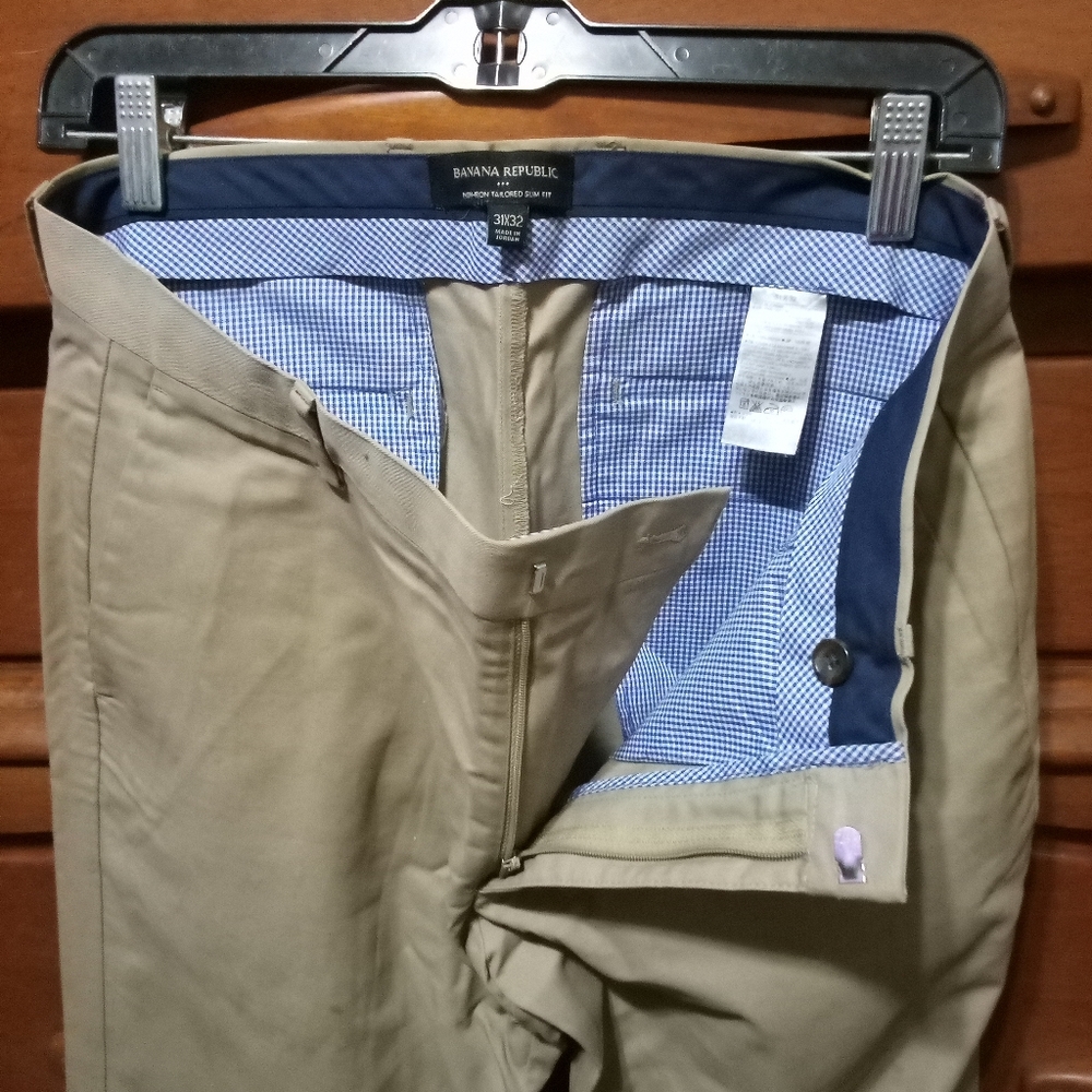 Banana Republic Khaki Pants with Navy Waistband and Light Blue Gingham Trim